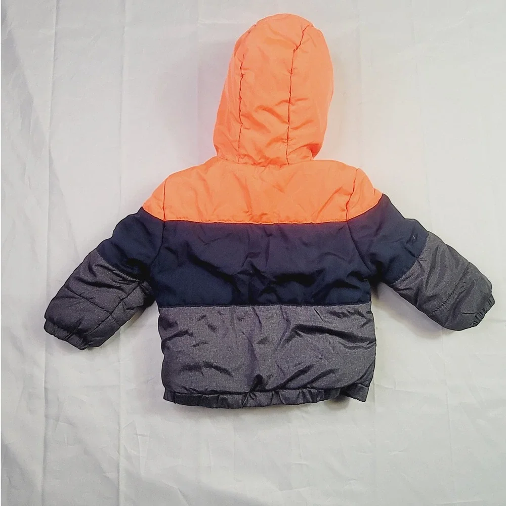 OshKosh Kids B'gosh Colorblock Puffer Jacket Size 18M Orange Navy Gray Hooded